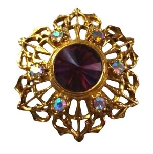 Vtg Avante Signed Purple Rivoli AB Filigree Gold Tone Pin Brooch